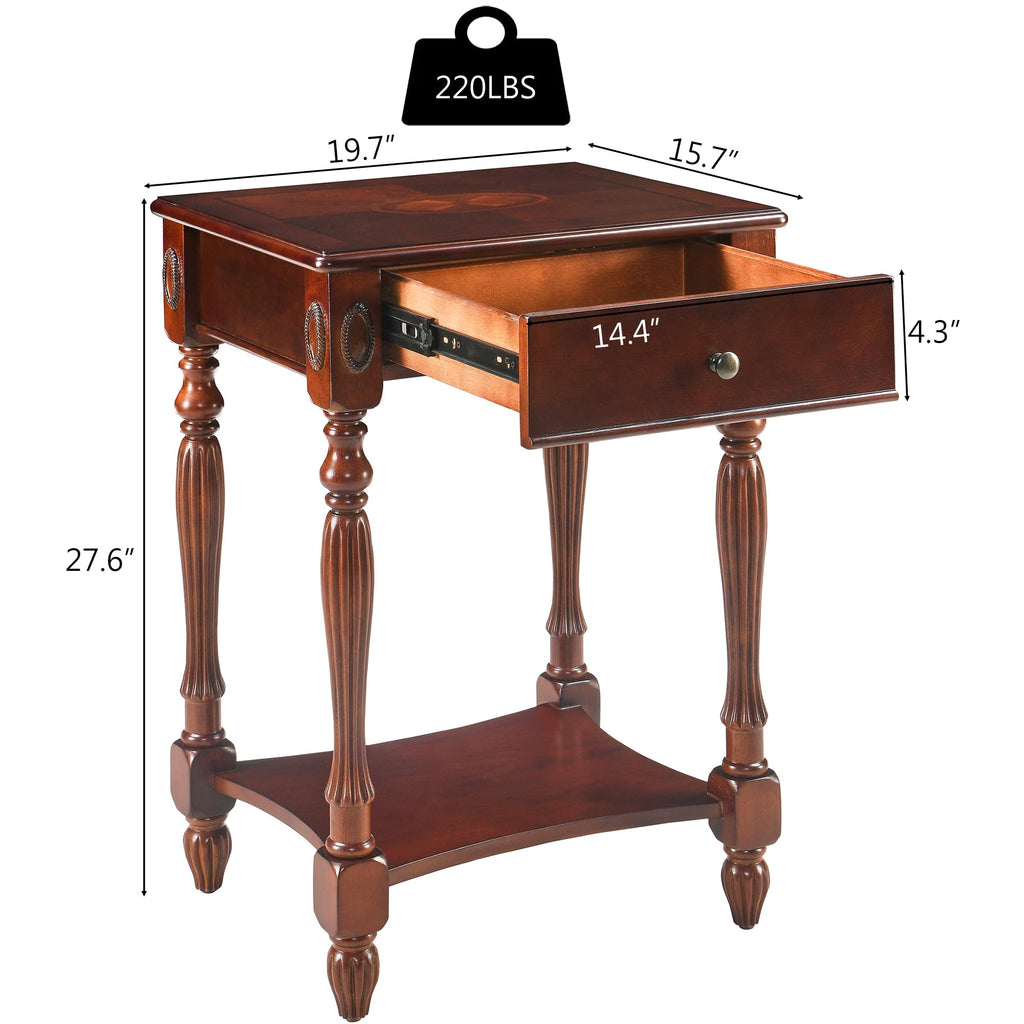 Solid Wood Side Table with Drawer and Storage Shelf V274072