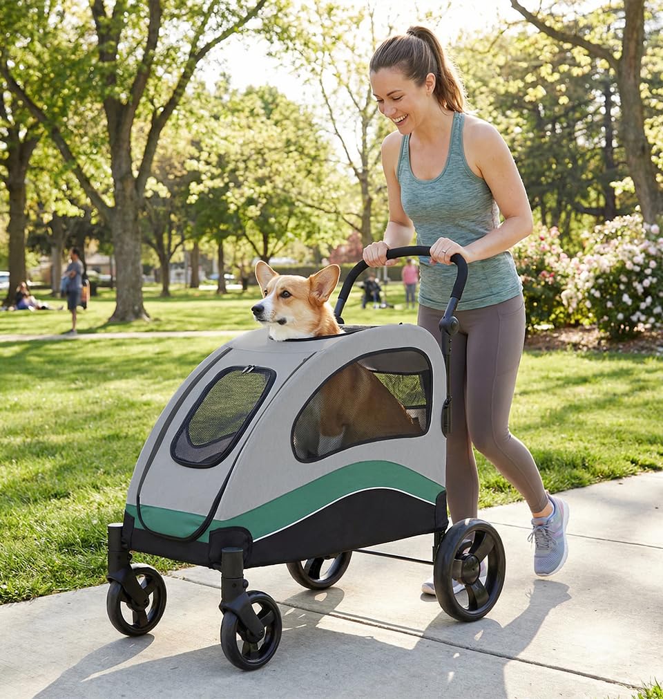 Extra Large Foldable Dog Stroller with Wheels and Brakes X954036