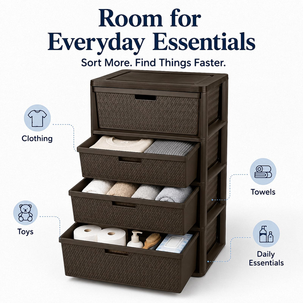 4 Drawer Brown Plastic Storage Tower V3611