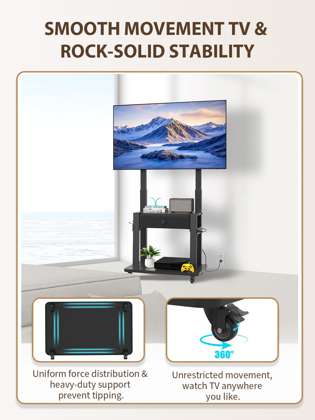 Black Rolling TV Stand with Power Outlet for 32-75 Inch Screens A67912