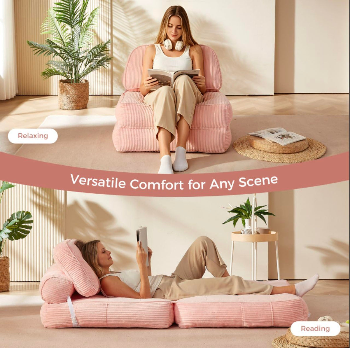 Pink Foldable Sofa Bed with Pillow & Blanket P1078
