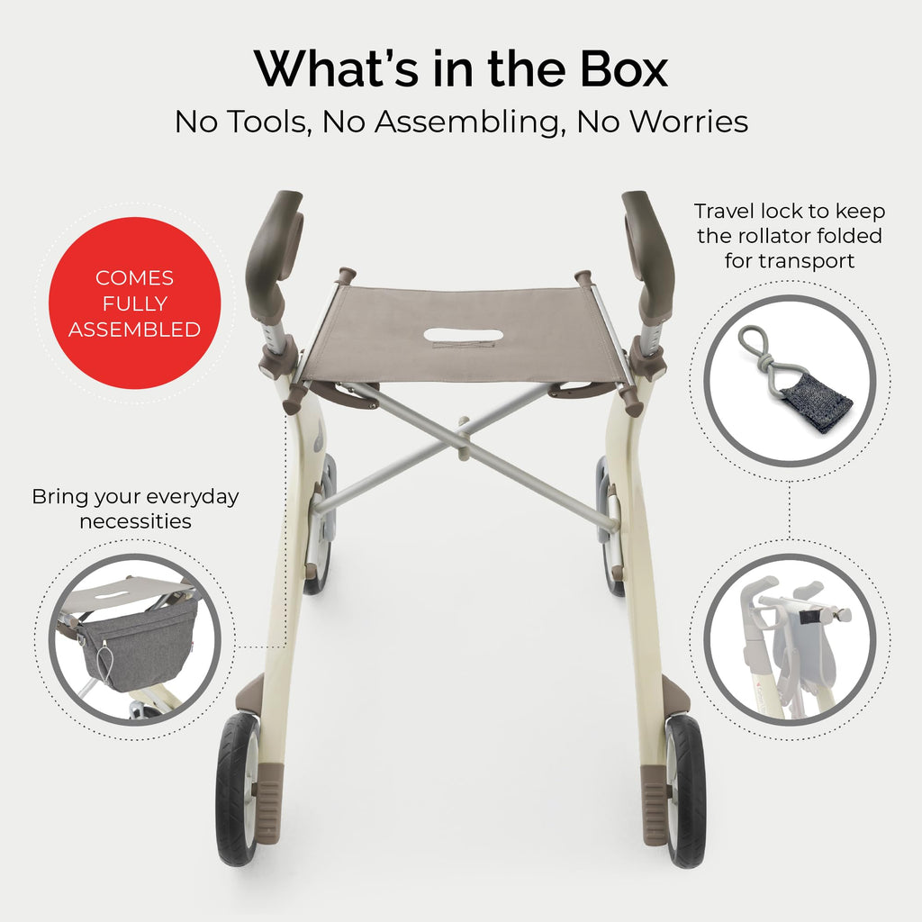 Carbon Ultralight Rollator Walker, 10.6 lbs, Oyster White, Compact H572