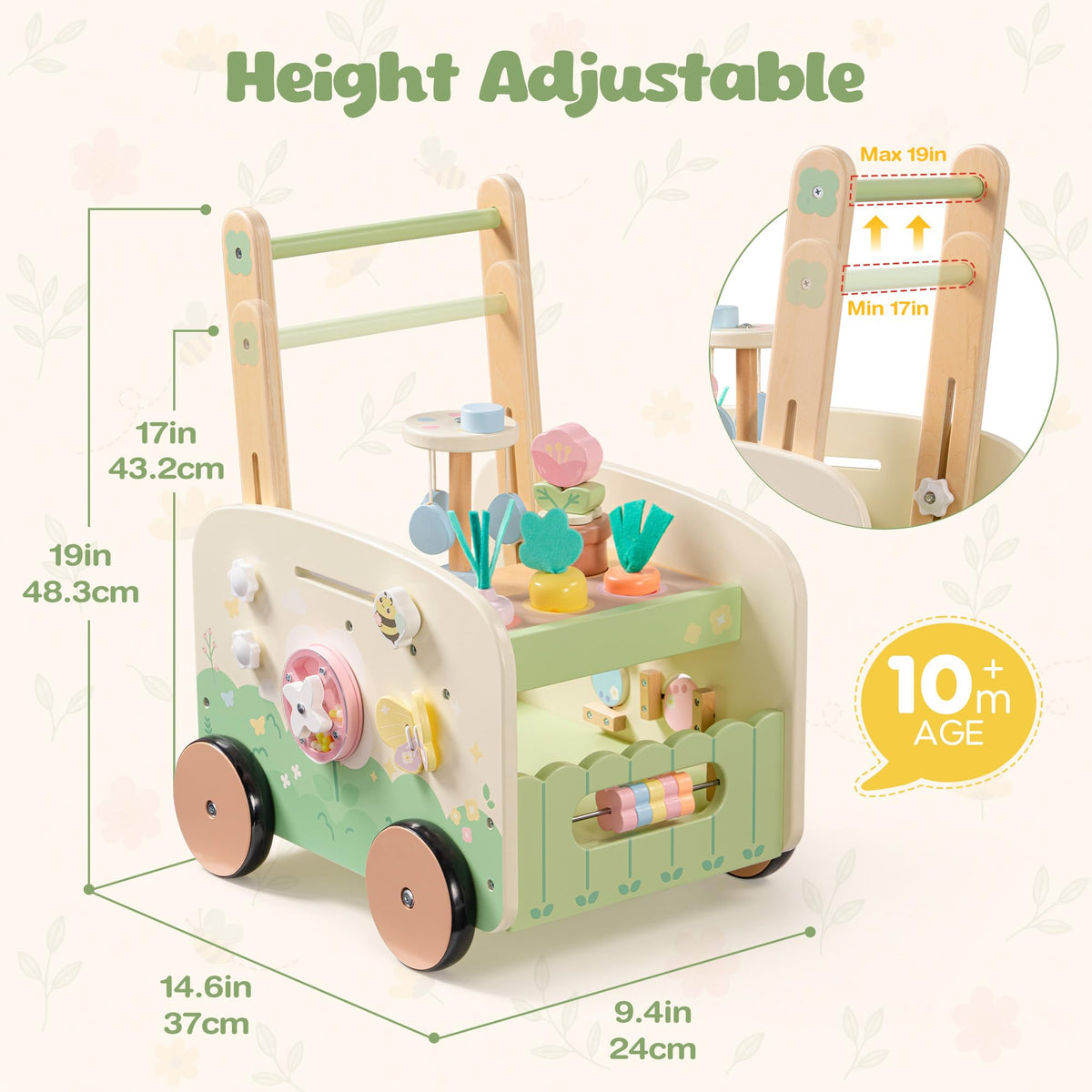Wooden Baby Walker, 10-in-1 Activity Center Toys, Green K888405