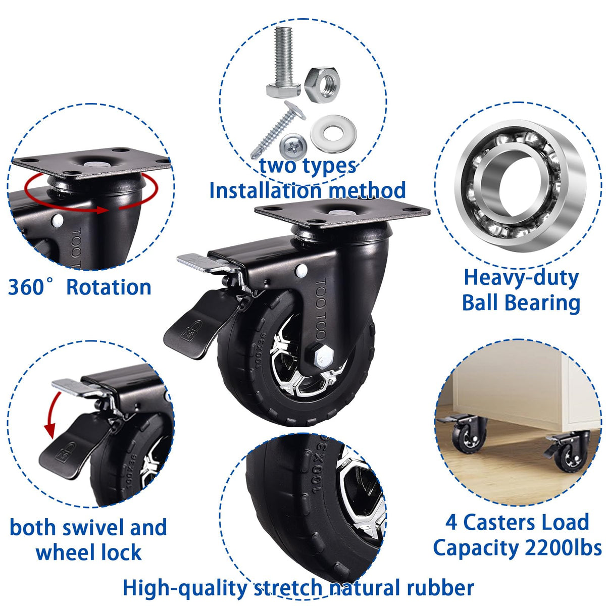 4 Inch Heavy Duty Rubber Caster Wheels Set of 4 with Locking P132347