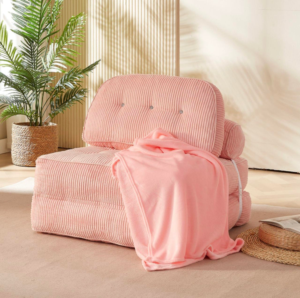 Pink Foldable Sofa Bed with Pillow & Blanket P1078