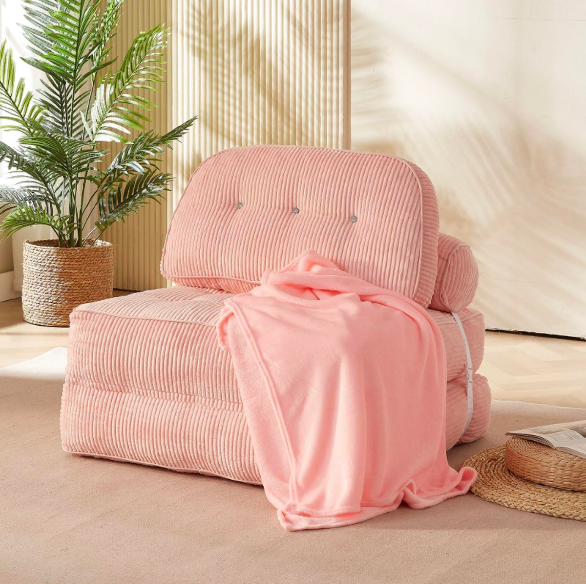 Pink Foldable Sofa Bed with Pillow & Blanket P1078