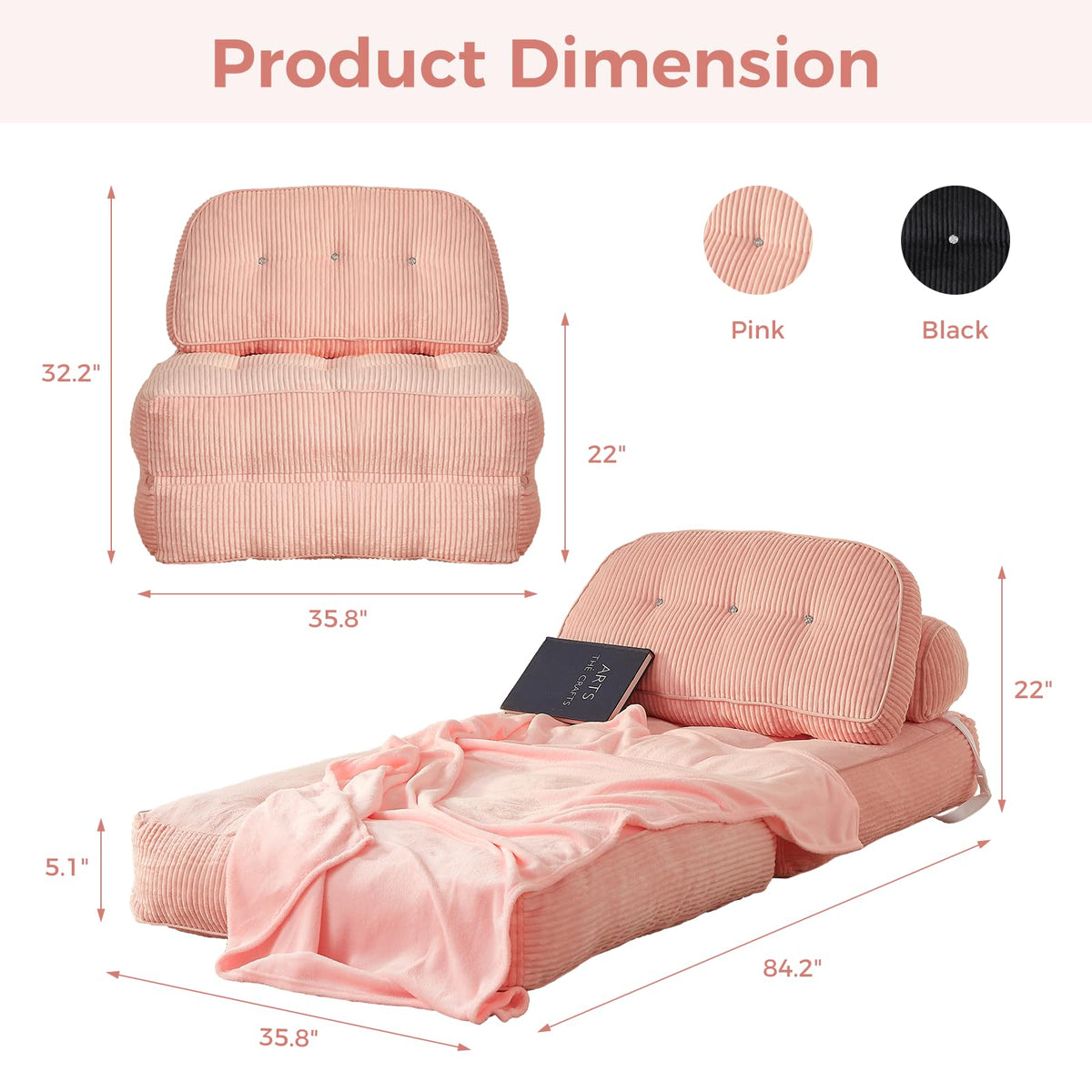 Pink Foldable Sofa Bed with Pillow & Blanket P1078