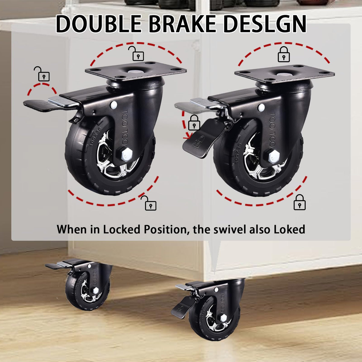 4 Inch Heavy Duty Rubber Caster Wheels Set of 4 with Locking P132347