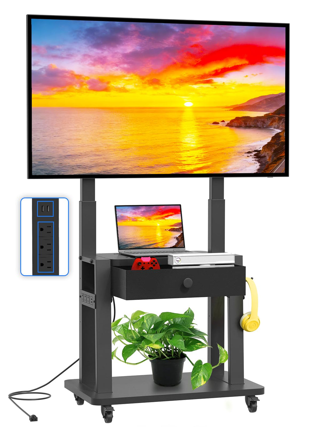 Black Rolling TV Stand with Power Outlet for 32-75 Inch Screens A67912