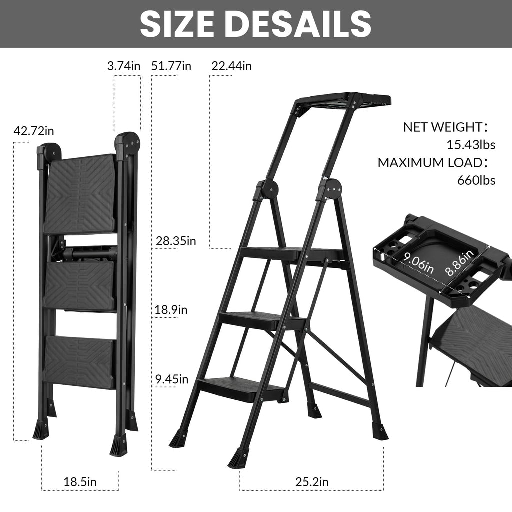 3 Step Steel Stool with Handrail & Tool Tray L6493