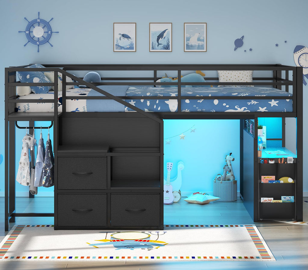 Twin Low Loft Bed with Stairs, Desk, 6 Storage Drawers, Black W8715