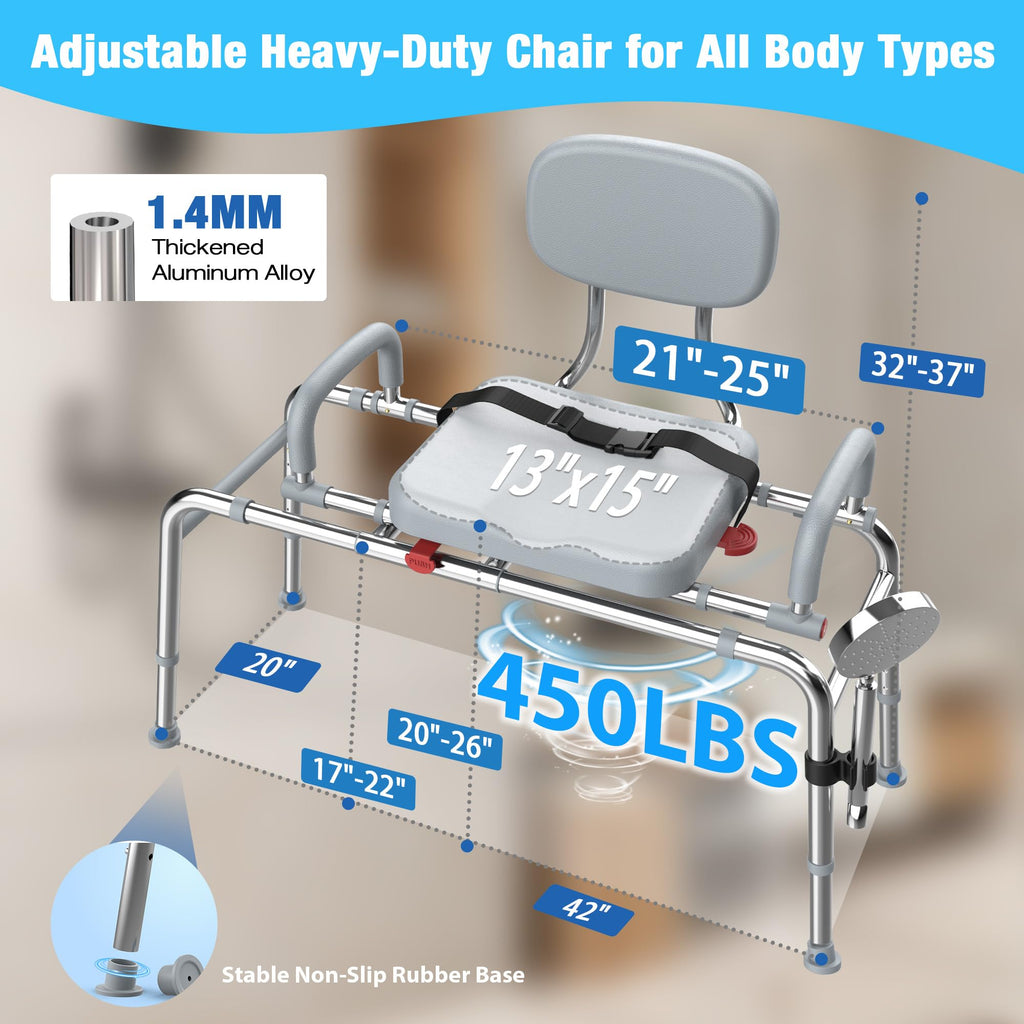Sliding Shower Chair Tub Transfer Bench with Swivel Seat, 450lbs, Adjustable Height, Gray Y967
