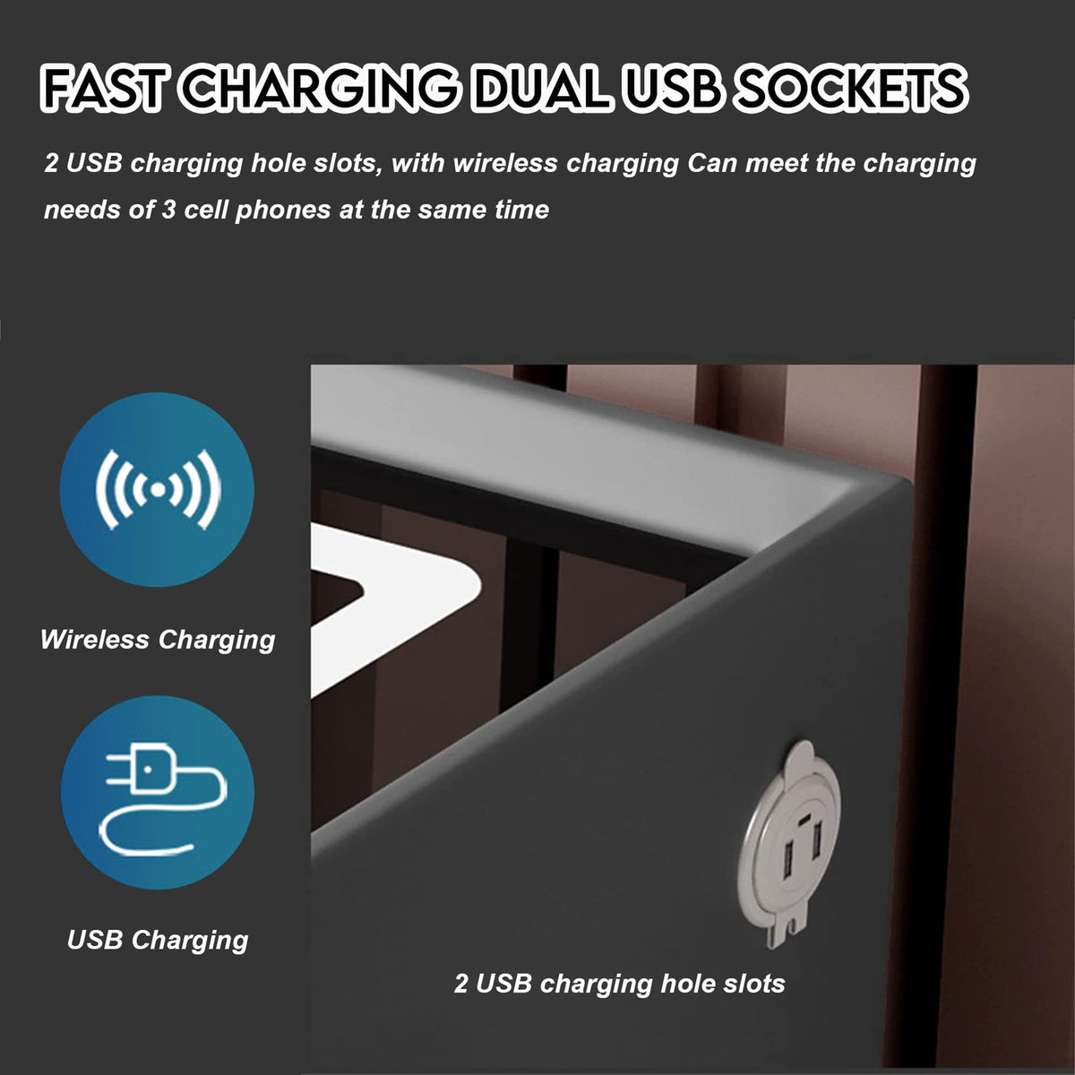 Gray 3 Drawer Nightstand with Charging Station J20346