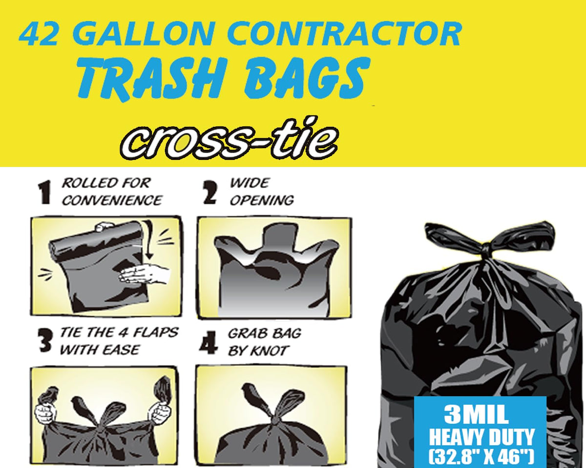 Heavy Duty 42 Gallon 10 Count 3 MIL Black Flap Tie Trash Bags G271075