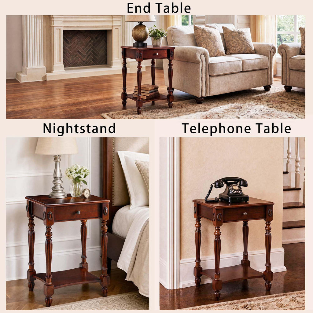 Solid Wood Side Table with Drawer and Storage Shelf V274072