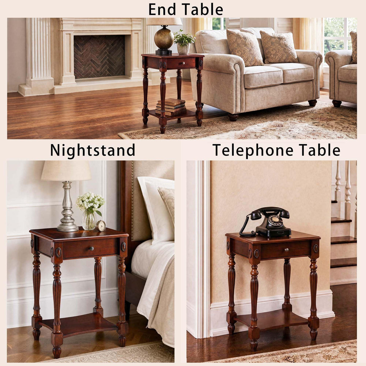 Solid Wood Side Table with Drawer and Storage Shelf V274072