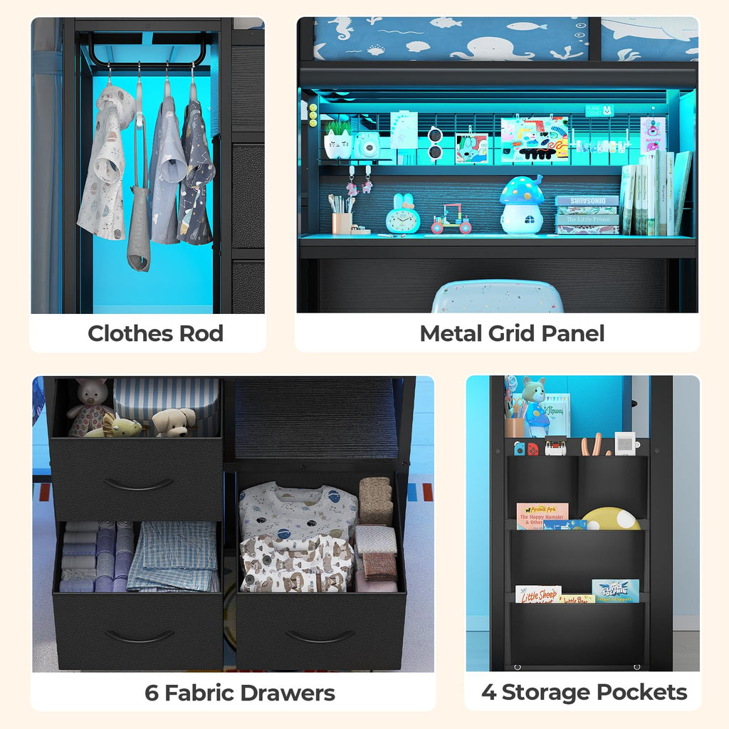 Twin Low Loft Bed with Stairs, Desk, 6 Storage Drawers, Black W8715