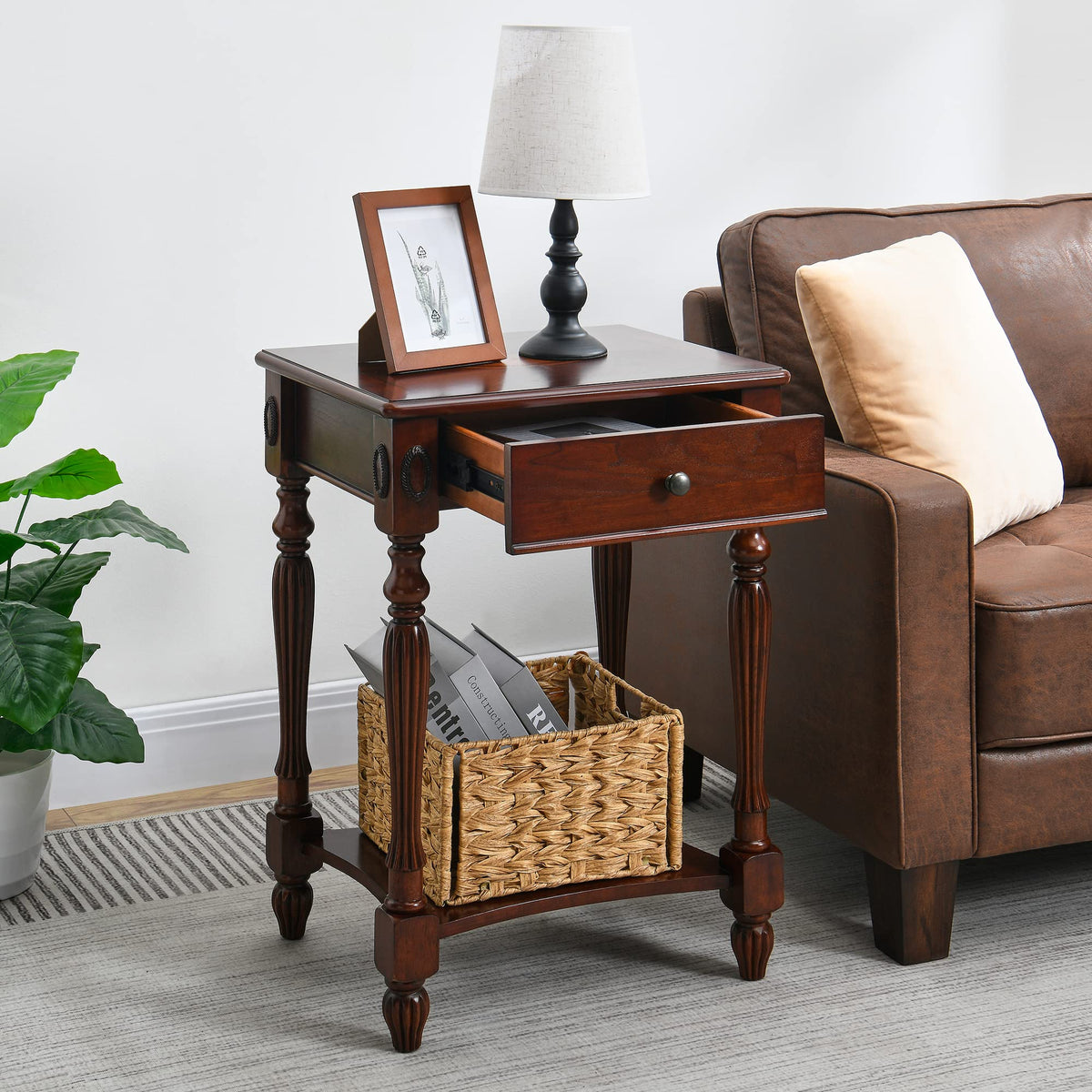 Solid Wood Side Table with Drawer and Storage Shelf V274072