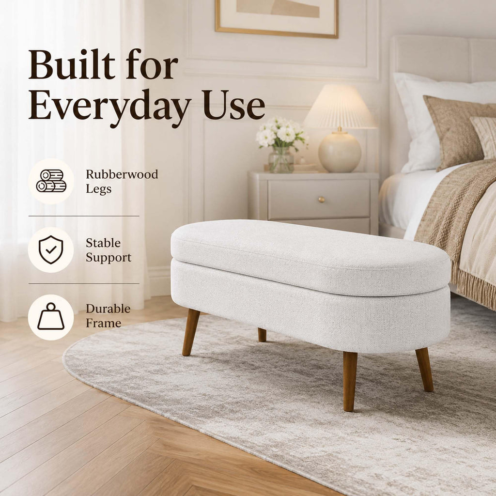 White Oval Storage Ottoman Bench with Rubber Wood Legs F695