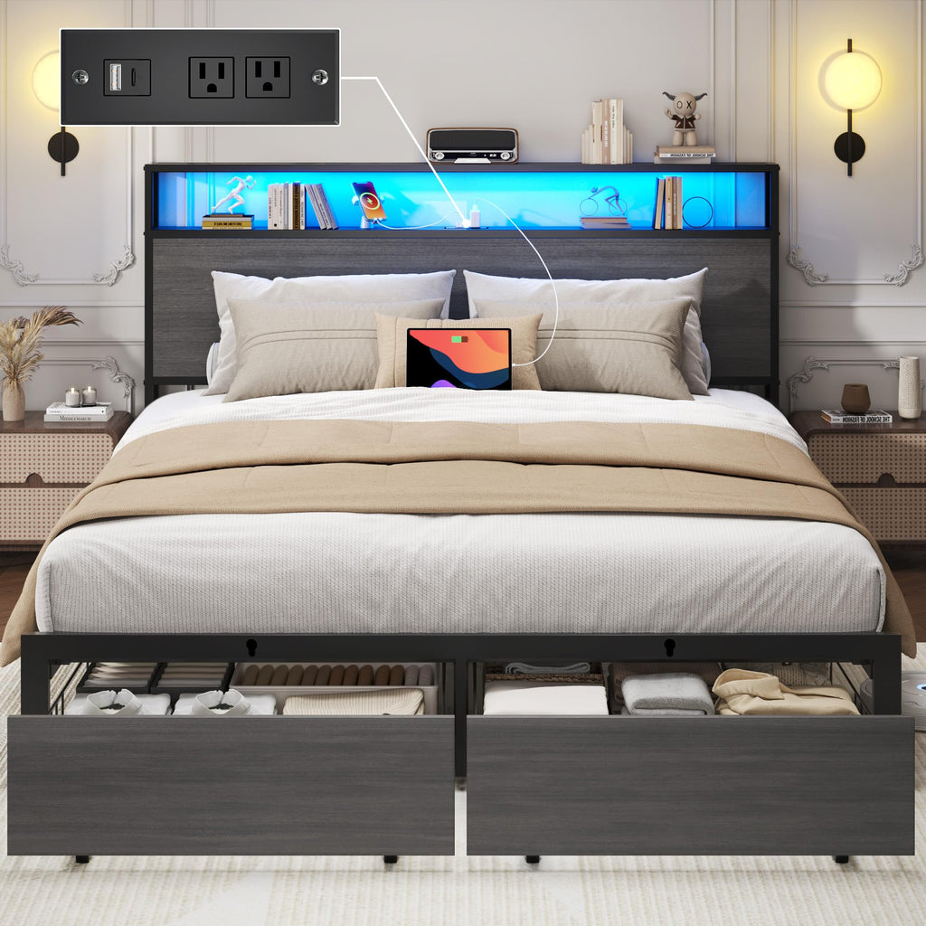 Rustic Grey Full Bed Frame with Charging Station U1700