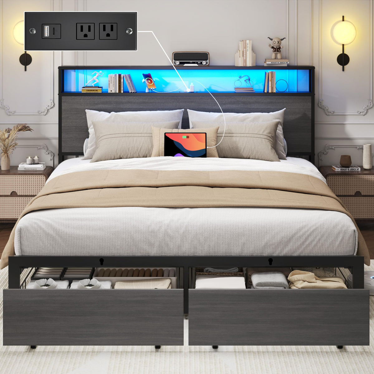 Rustic Grey Full Bed Frame with Charging Station U1700