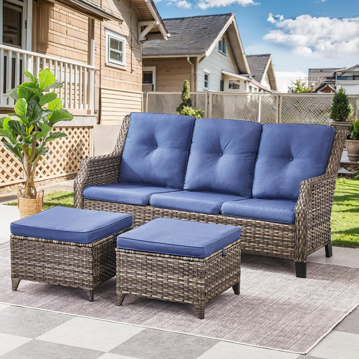 Grey Wicker 3pcs Patio Furniture Set with Blue Cushions K160