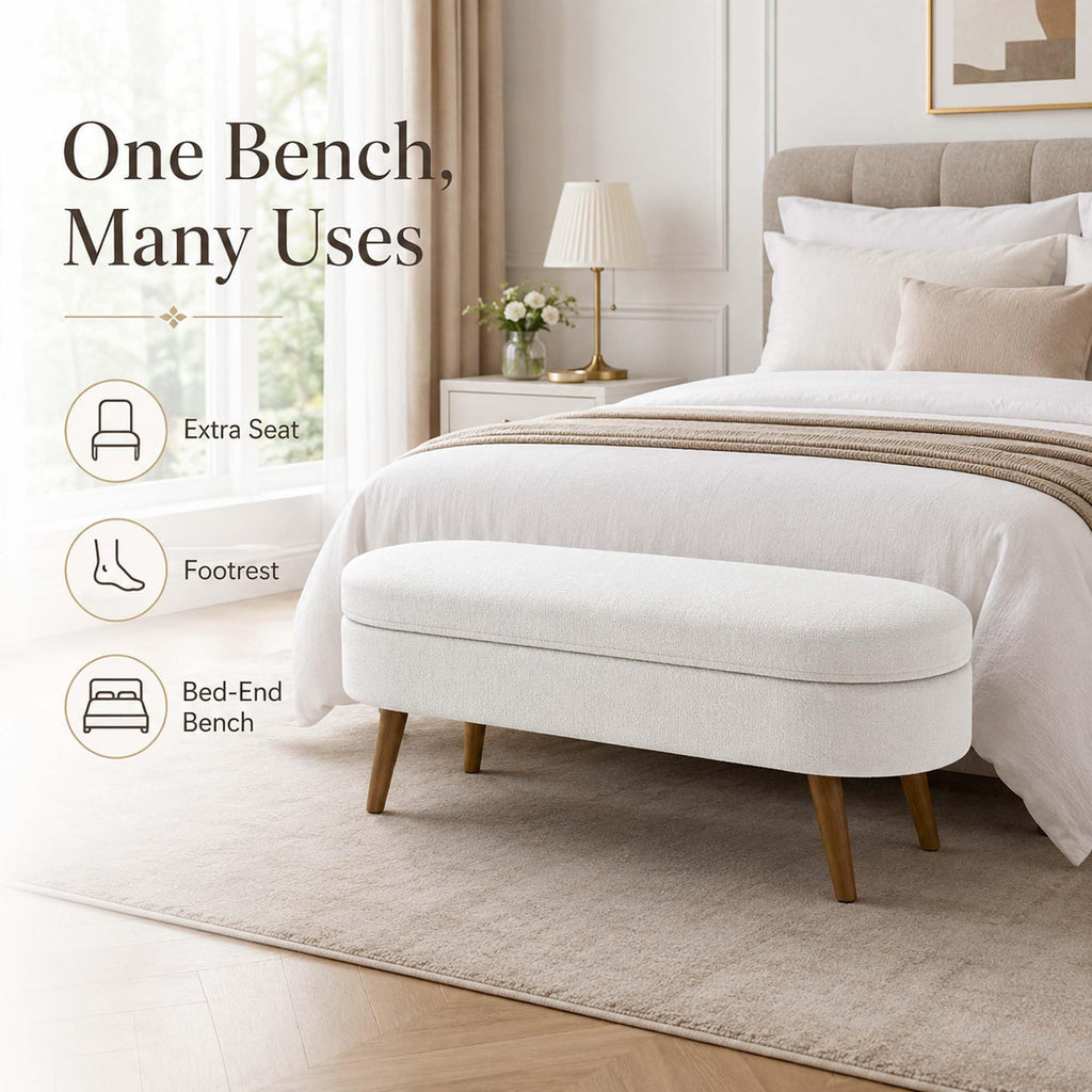 White Oval Storage Ottoman Bench with Rubber Wood Legs F695