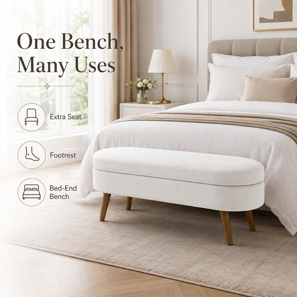 White Oval Storage Ottoman Bench with Rubber Wood Legs F695