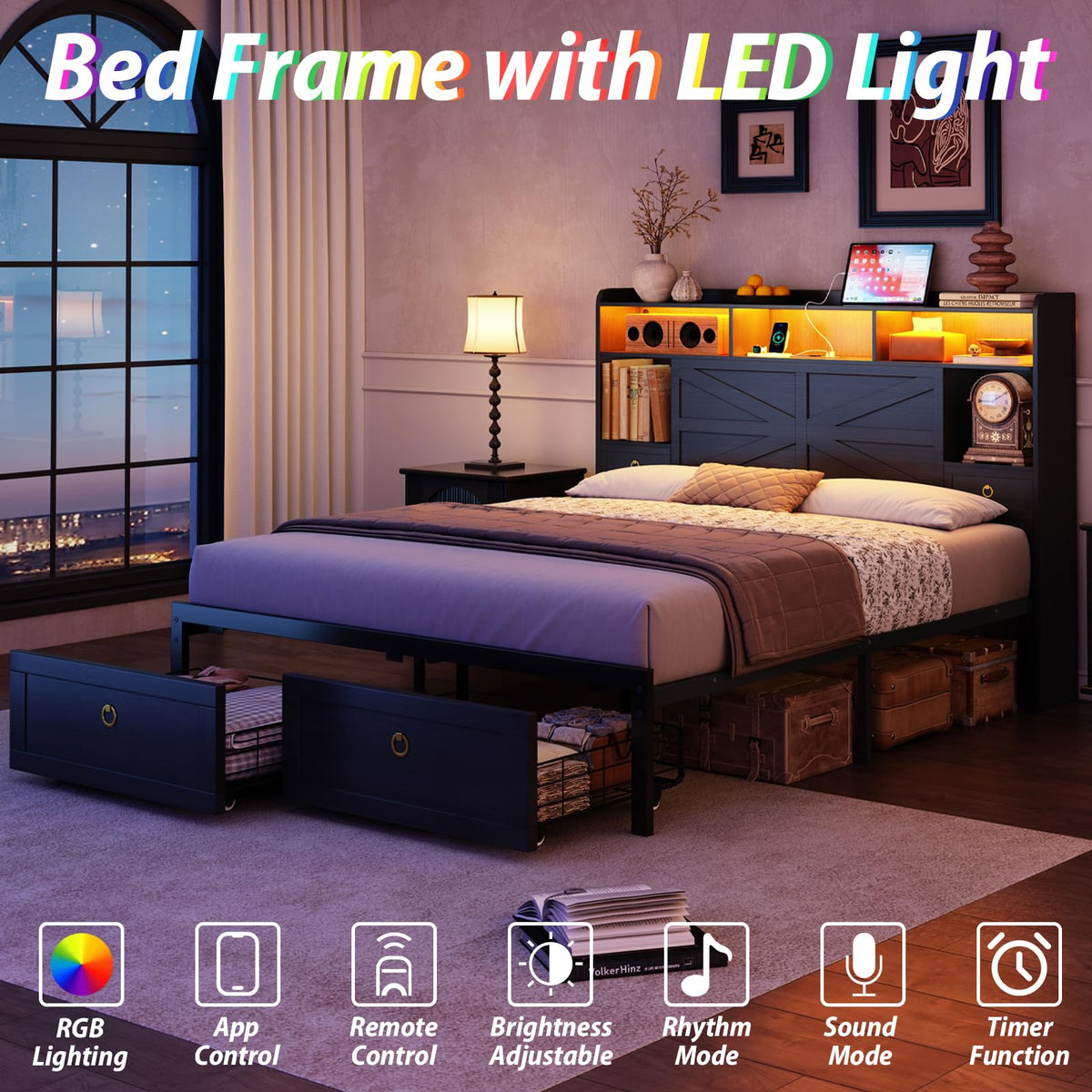 Queen Size Wood Bed Frame with Storage Headboard and 4 Drawers Z89156