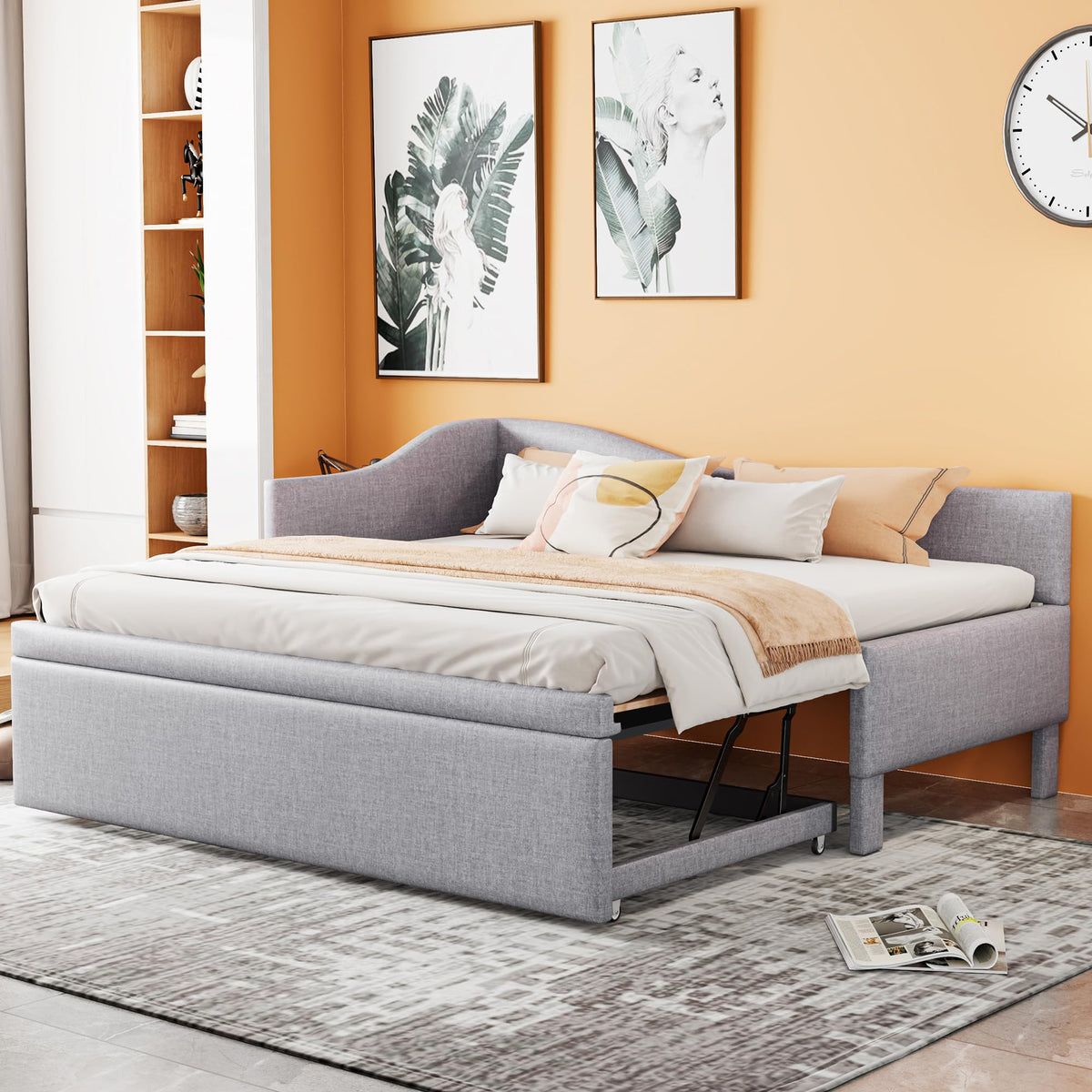 Twin Size Linen Upholstered Daybed with Pop up Trundle M206668