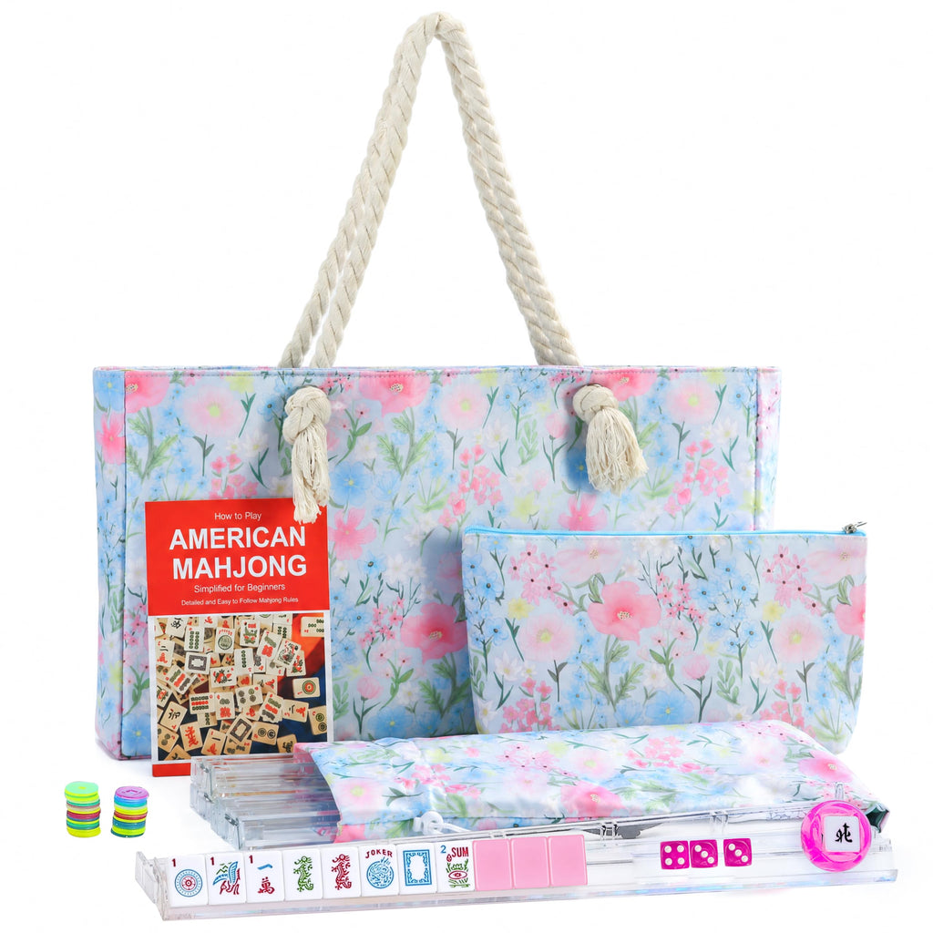 American Mahjong Set with Light Blue Carrying Bag, 166 Pink Engraved Melamine Tiles, 4 Transparent Racks with Pushers P32241