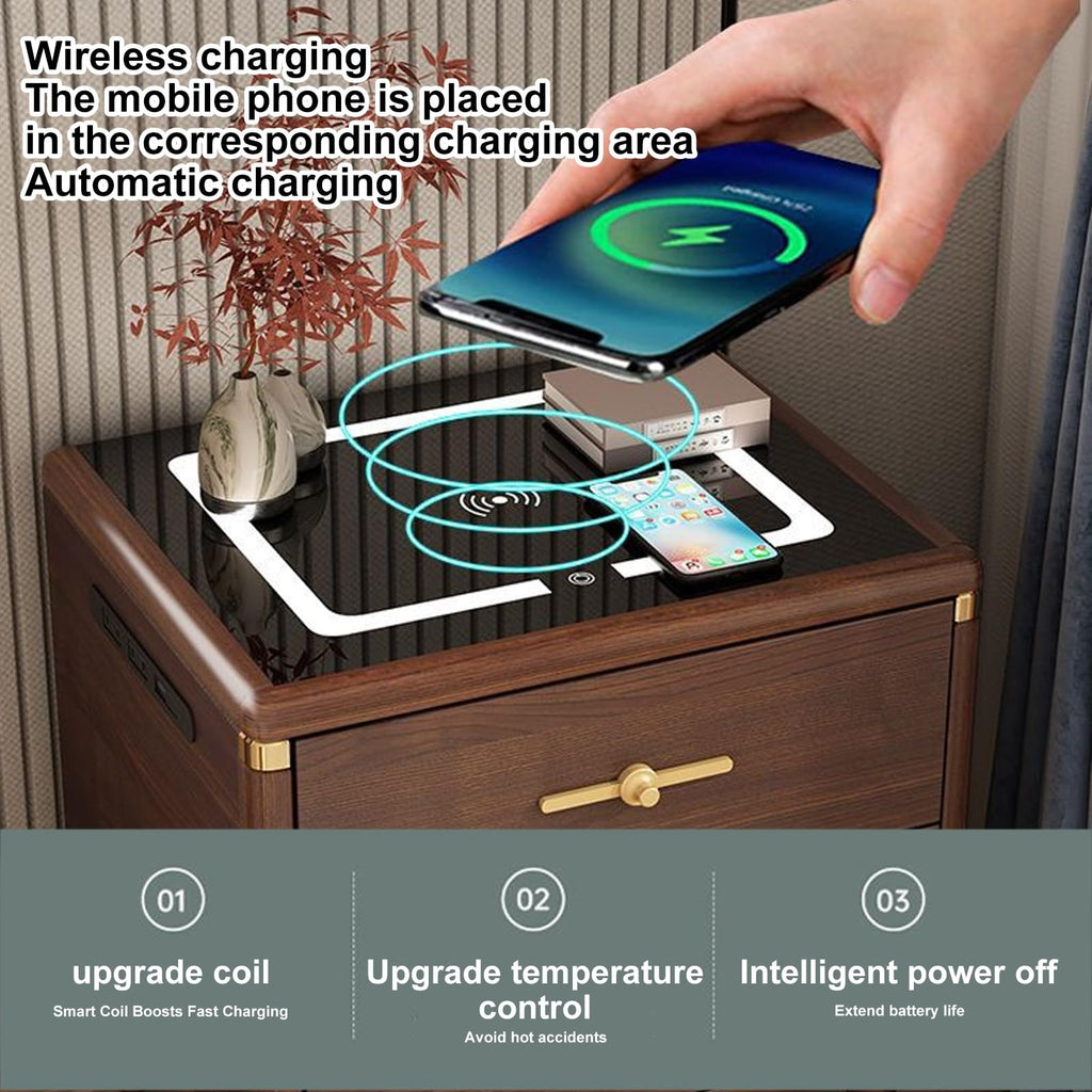 Solid Wood Nightstand with Wireless Charging Station and 2 Drawer Storage O8380