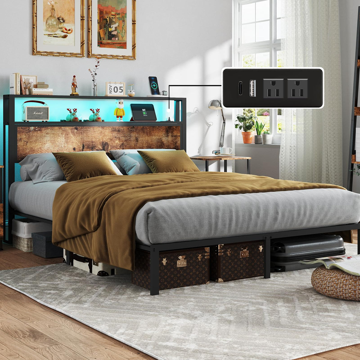 Queen Size Bed Frame with 2-Tier Storage Headboard V3686