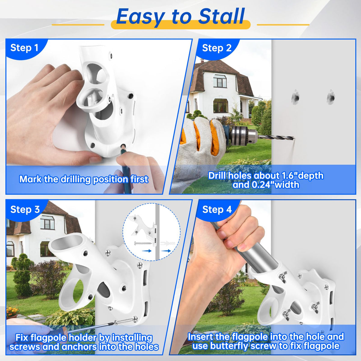 Flag Pole Holder Heavy-Duty Aluminum 1" Inner Diameter 2 Positions White 2 Pack D927477
