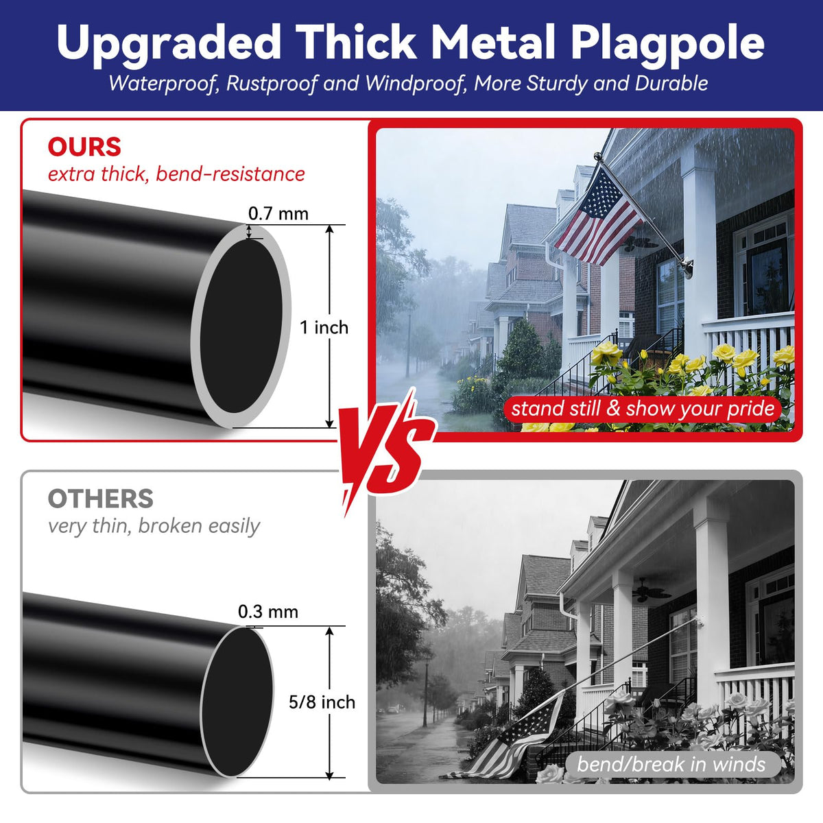 5ft Heavy Duty Black Flag Pole Kit with Holder M1025