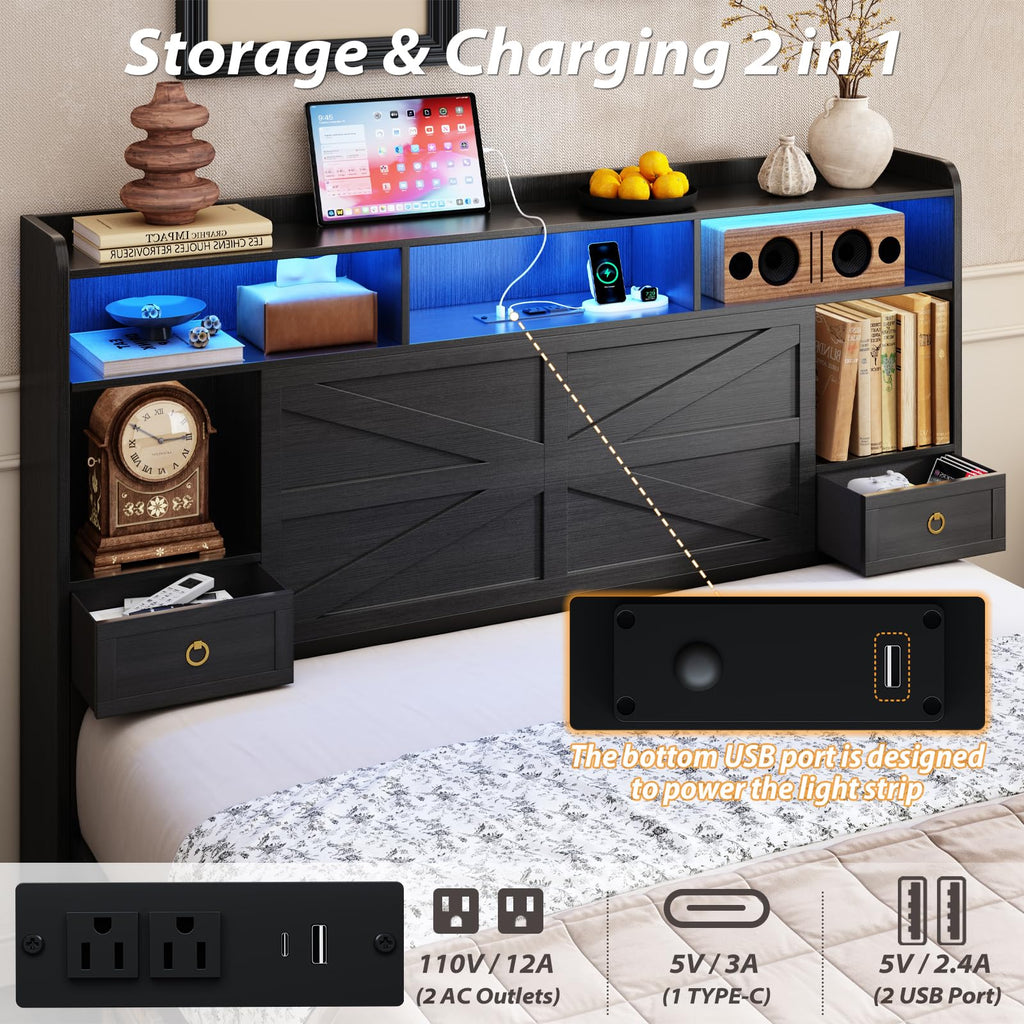 Queen Size Wood Bed Frame with Storage Headboard and 4 Drawers Z89156