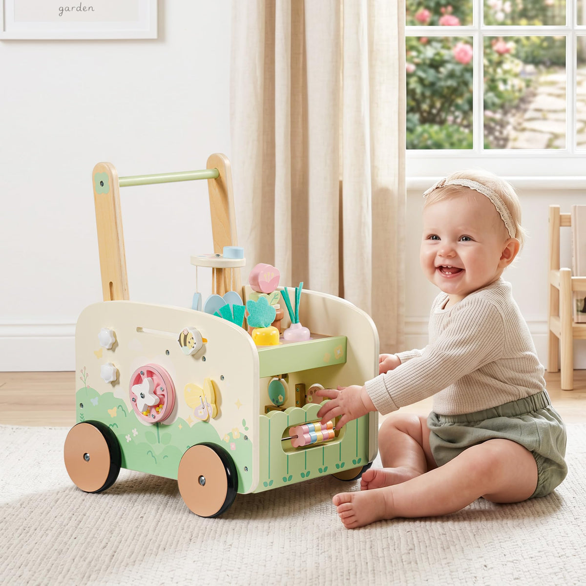 Wooden Baby Walker, 10-in-1 Activity Center Toys, Green K888405
