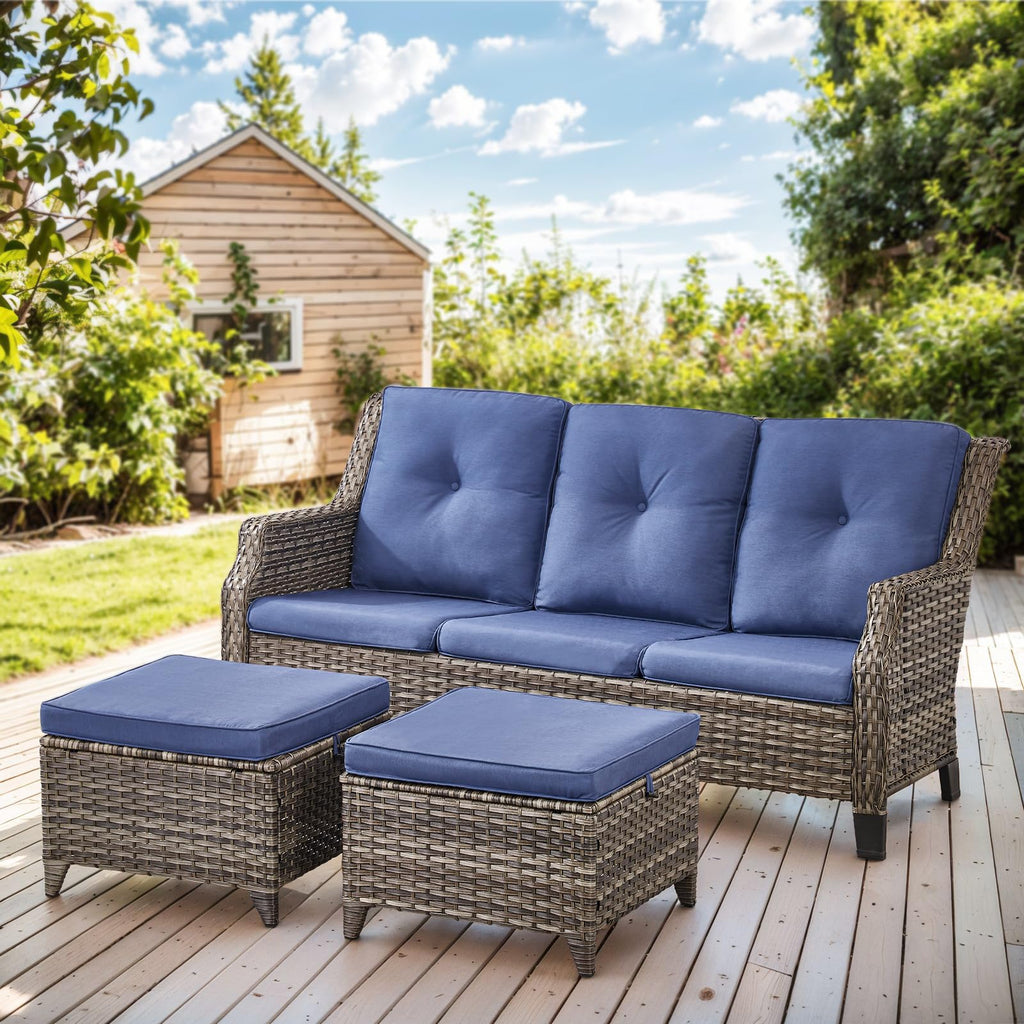 Grey Wicker 3pcs Patio Furniture Set with Blue Cushions K160