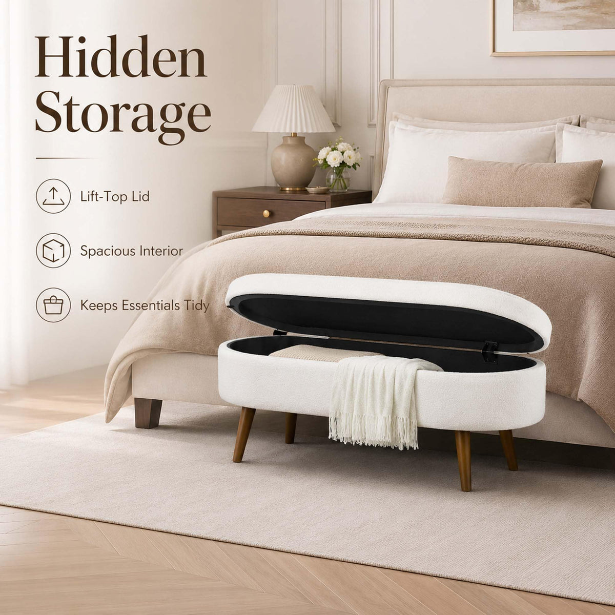 White Oval Storage Ottoman Bench with Rubber Wood Legs F695