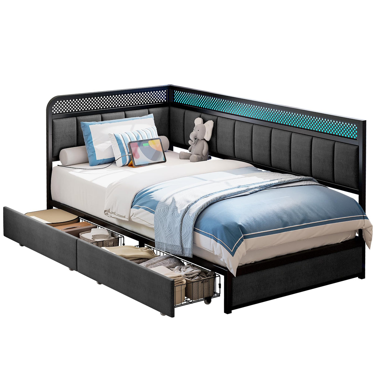 Twin Corner Bed Frame with Upholstered Guardrail L945448