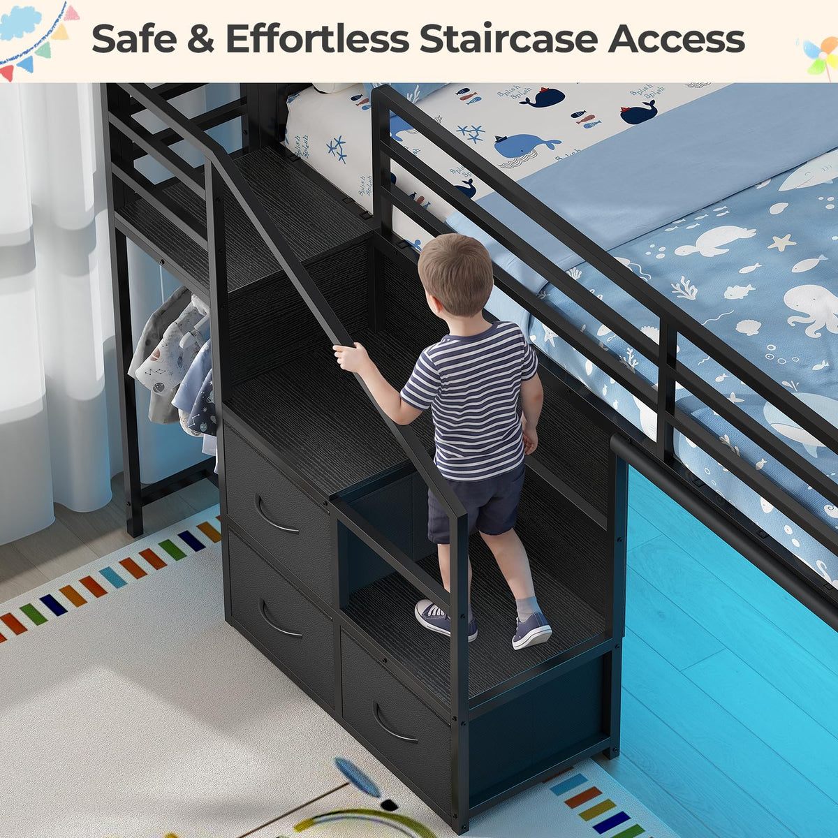 Twin Low Loft Bed with Stairs, Desk, 6 Storage Drawers, Black W8715