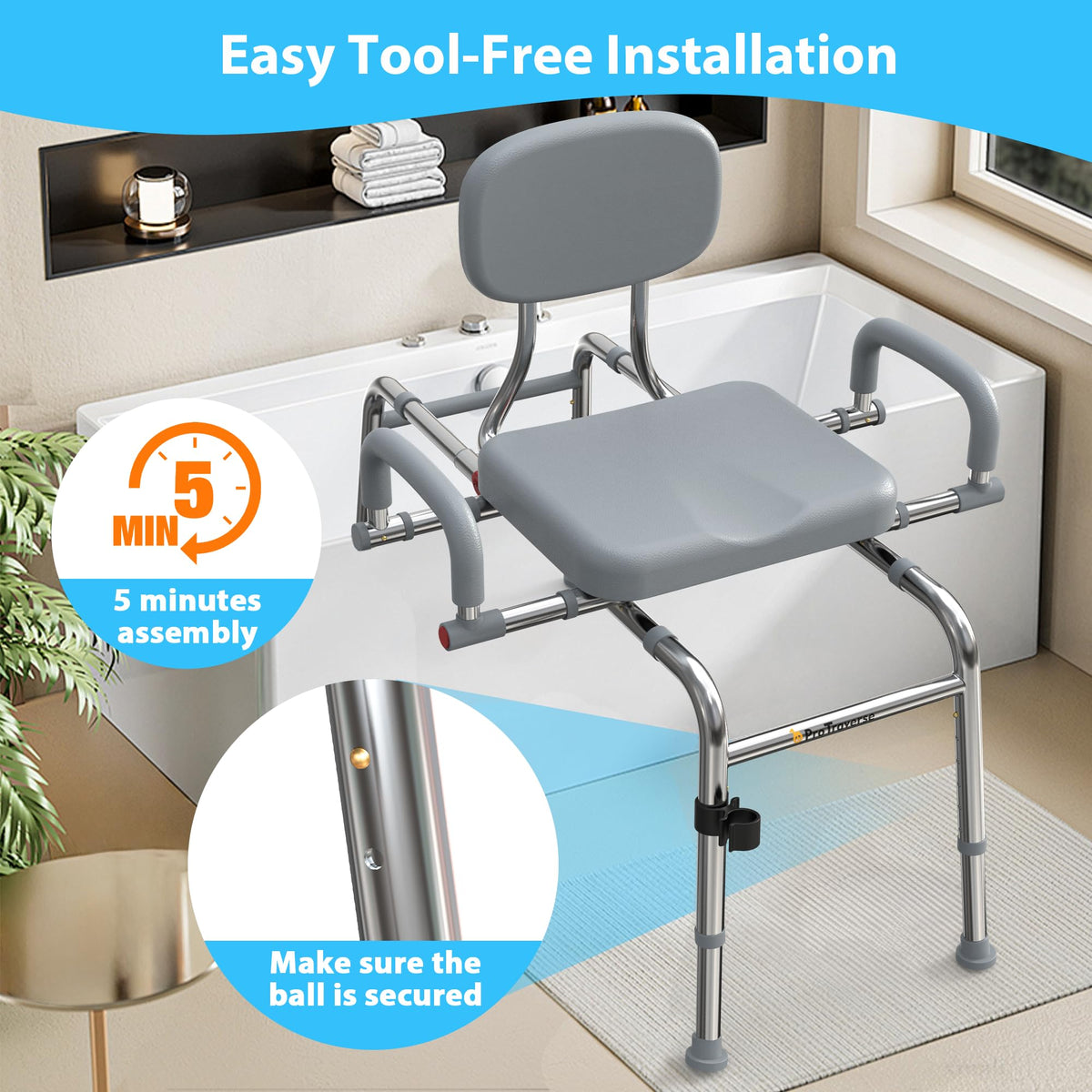 Sliding Shower Chair Tub Transfer Bench with Swivel Seat, 450lbs, Adjustable Height, Gray Y967