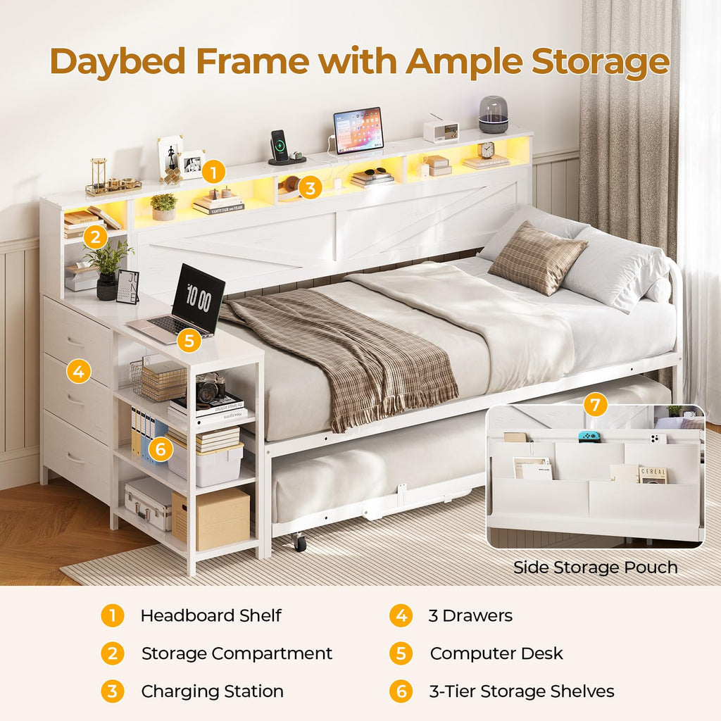 White Wood Daybed with Trundle and 3 Storage Drawers F890