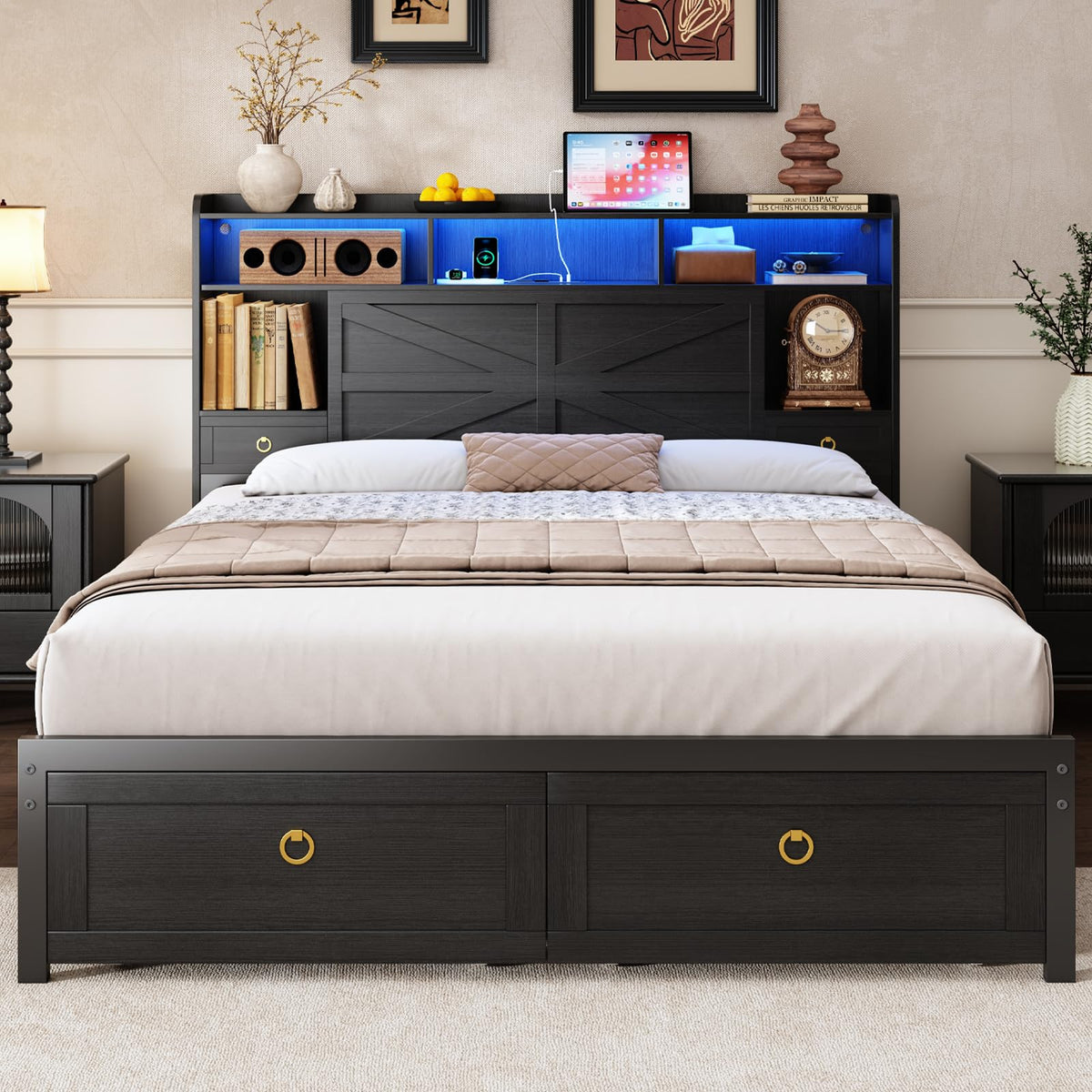 Queen Size Wood Bed Frame with Storage Headboard and 4 Drawers Z89156