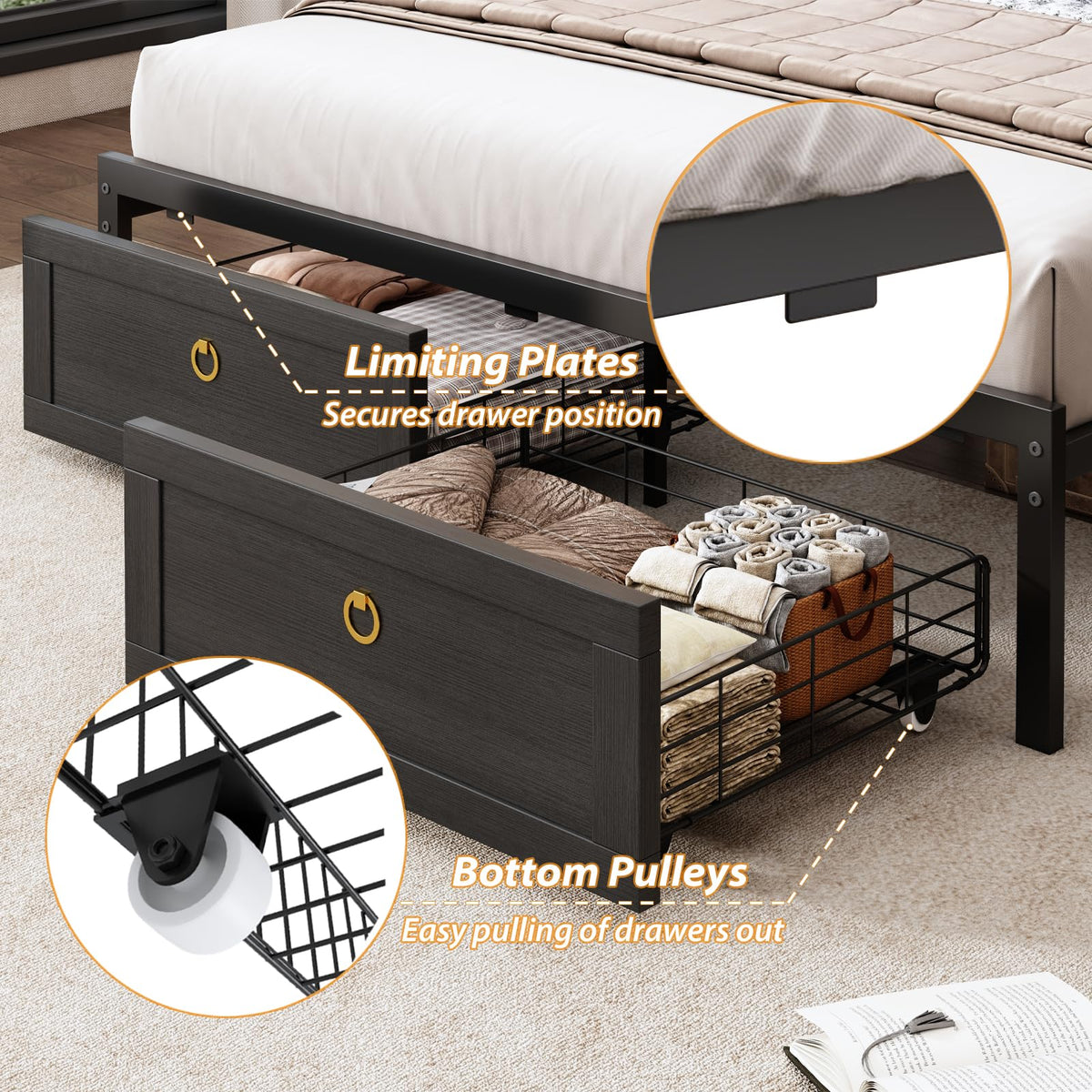Queen Size Wood Bed Frame with Storage Headboard and 4 Drawers Z89156