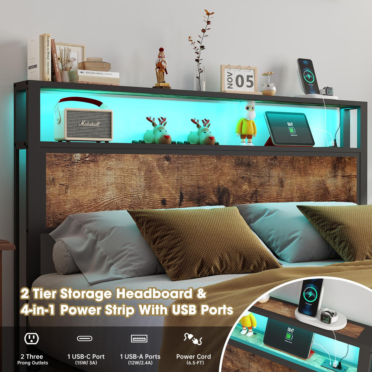 Queen Size Bed Frame with 2-Tier Storage Headboard V3686
