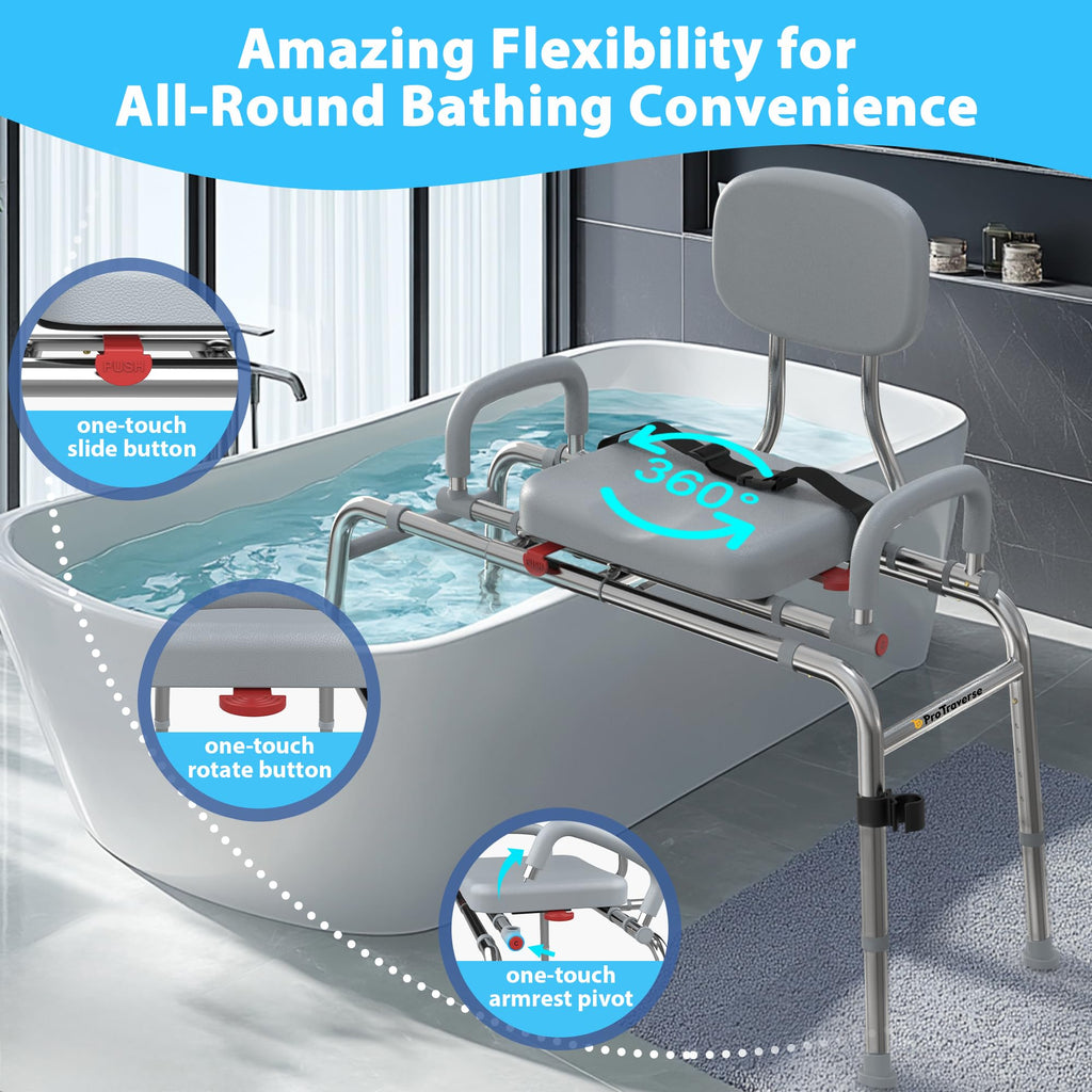 Sliding Shower Chair Tub Transfer Bench with Swivel Seat, 450lbs, Adjustable Height, Gray Y967