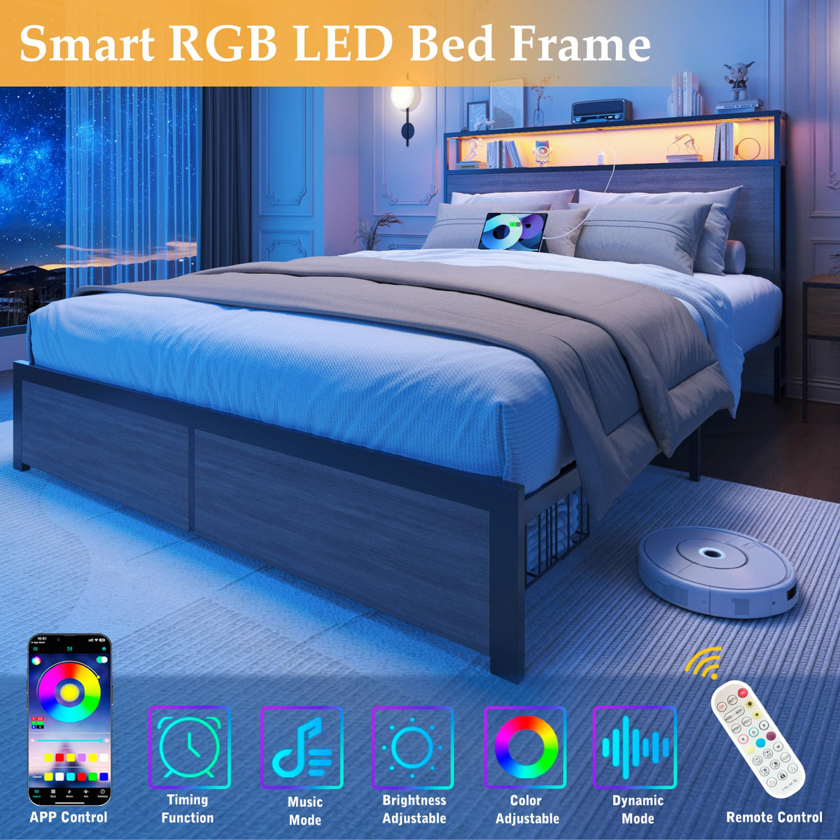 Rustic Grey Full Bed Frame with Charging Station U1700
