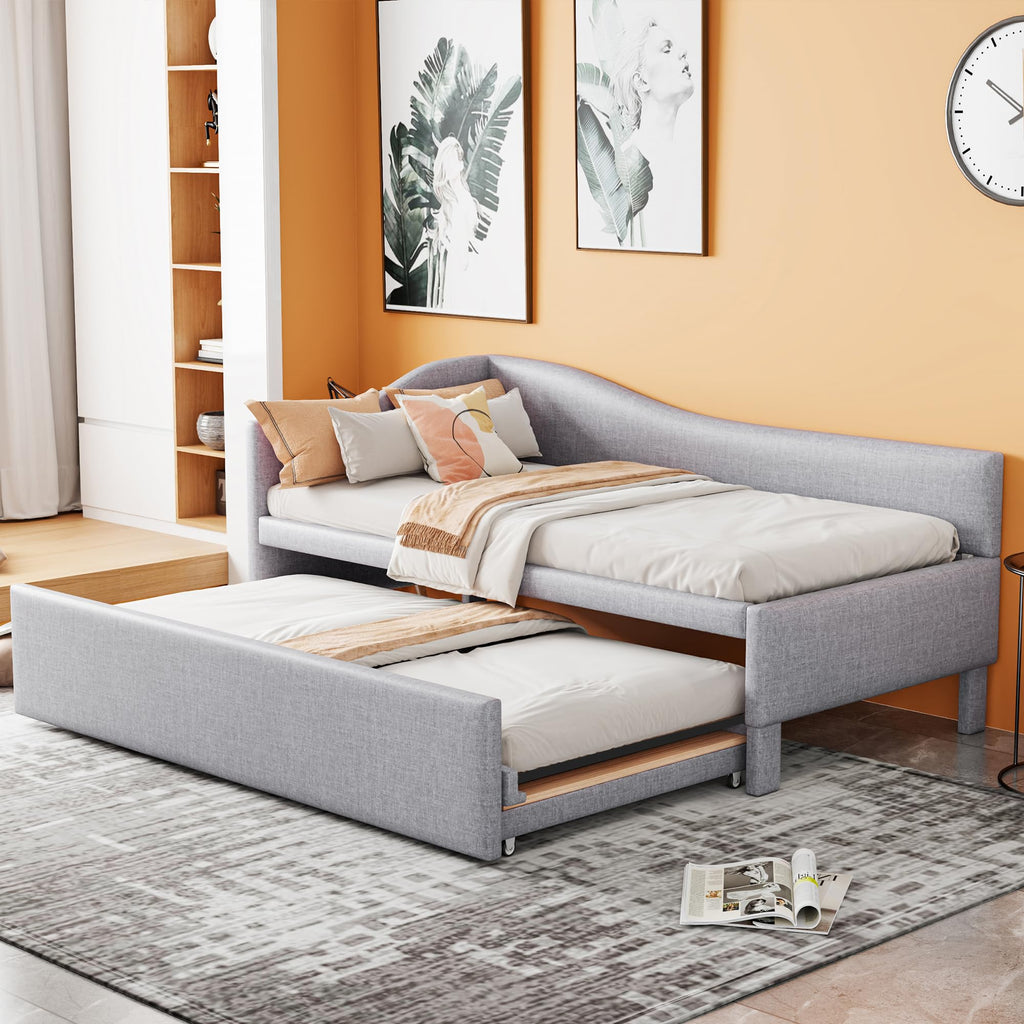 Twin Size Linen Upholstered Daybed with Pop up Trundle M206668