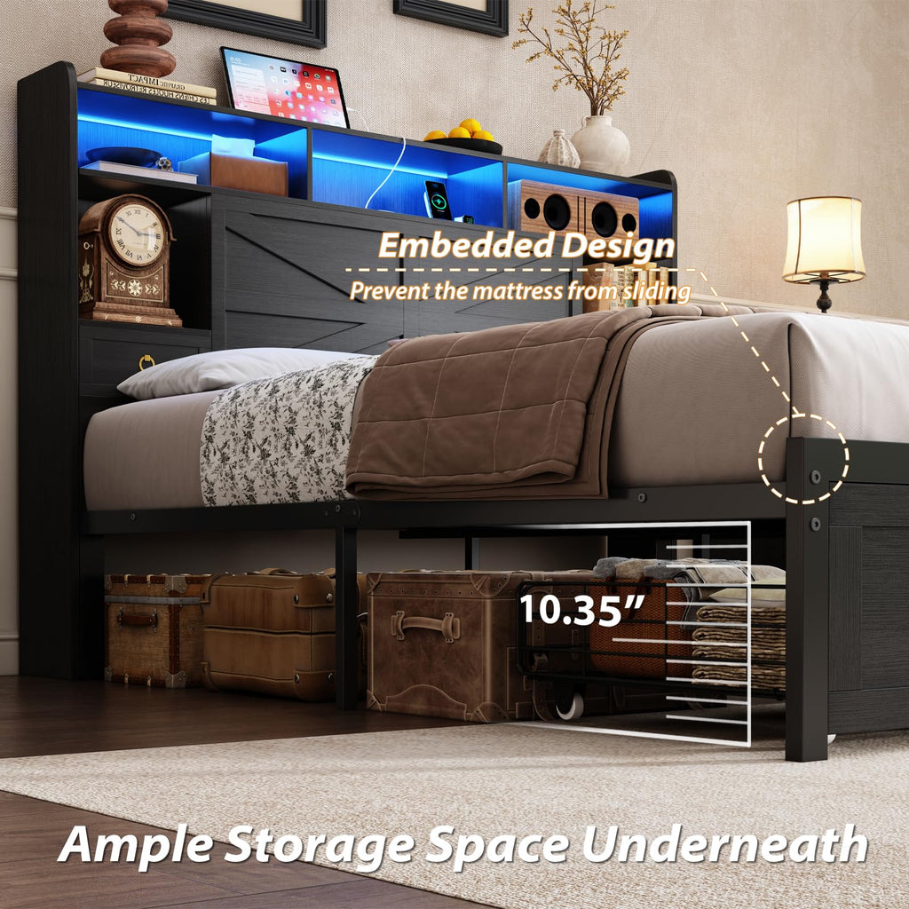 Queen Size Wood Bed Frame with Storage Headboard and 4 Drawers Z89156